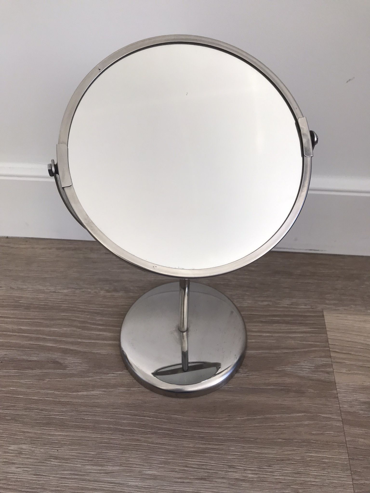 Double sided mirror for makeup vanity magnifying swivel silver steel chrome