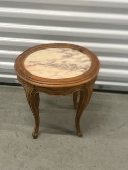 Mid Century French Style Fruitwood  Marble Top Inserts Candle Stand / Side Table. Used in good condition with some minor cosmetic blemishes. These ble