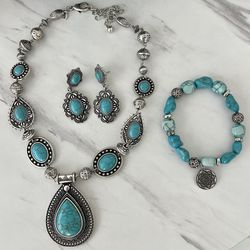 Turquoise Necklace, Earring And Bracelet Set