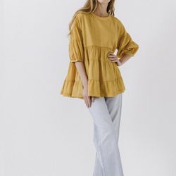 ROUND NECK TIERED FLOWY BLOUSE Womens