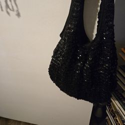 Black Sequence Covered Crochet Shoulder  Sack Bag/ Hobo Style Sand Bag.