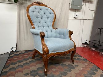 Victorian Style Light Blue Tufted Armchair w/ Wood Frame
