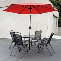 $135 (New in box) Outdoor 6pcs patio set with 32x32” table, 4pc folding chairs and 10ft tilt umbrella 
