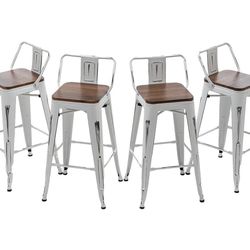 Bar Stools Set of 4 Counter Height Stools Industrial Metal Barstools with Wooden Seats(30 Inch, Distressed White)