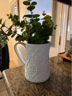 Beautiful White Embossed Ceramic Pitcher / Farmhouse Vase