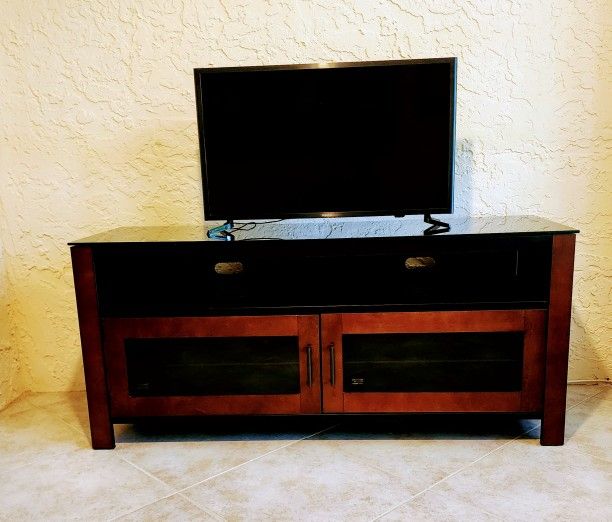 Modern Dark Glass And Wood TV Stand With Storage Excellent Condition