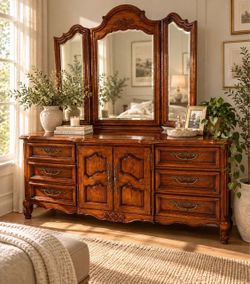 Thomasville Solid Wood Dresser with Tri-Fold Mirror – Vintage Ornate Bedroom Furniture Provincial Vintage 9 Drawer