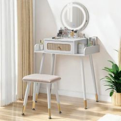 Makeup Vanity Set For Bedroom, Small Dressing Desk For Child With Lighted Mirror, White Vanity Table With Charging Station And Stool