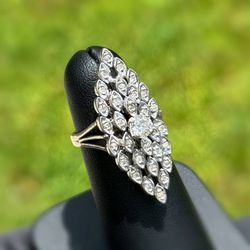 Art Deco Vintage 925 sterling silver 0.70CTW Natural Diamond & Round cut Navette ring sz 5.00