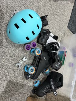 Roller skates and All gear—Hardly Used, Like New! Indoor and outdoor wheels Size 6 Various wheels, helmet, pads