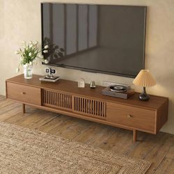 78.7" Mid-Century Modern TV Stand Fully Assembled Media Console Walnut Entertainment Center with Solid Wood Frame,Legs,2 Drawers,Slatted Door Storage,