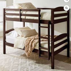 New Solid Wood Twin-over-Twin Convertible Bunk Bed, Mocha 