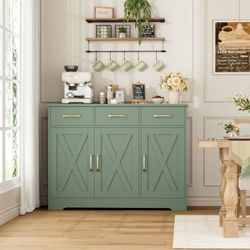 B986 $115  Modern Farmhouse Buffet Sideboard Cabinet, Barn Doors Storage Cabinet with Drawers and Shelves, Wood Coffee Bar with Storage for Dining Roo