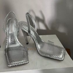 Good American Heels Silver Snake Lucite Heels Size 14 NIB