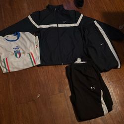Nike track pant and windbreaker underarmour sweats and italy jersey 