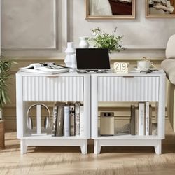 Set Of Two Modern Fluted Nightstand Side With Drawer And LED Light New In Original Box.