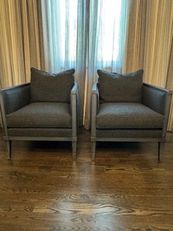 (2) LOUNGE CHAIRS WITH DARK GREY WOOD FRAME AND CHARCOAL CHENILLE UPHOLSTERY SIZE: 28.5"W X 31.5"D X 34"H
