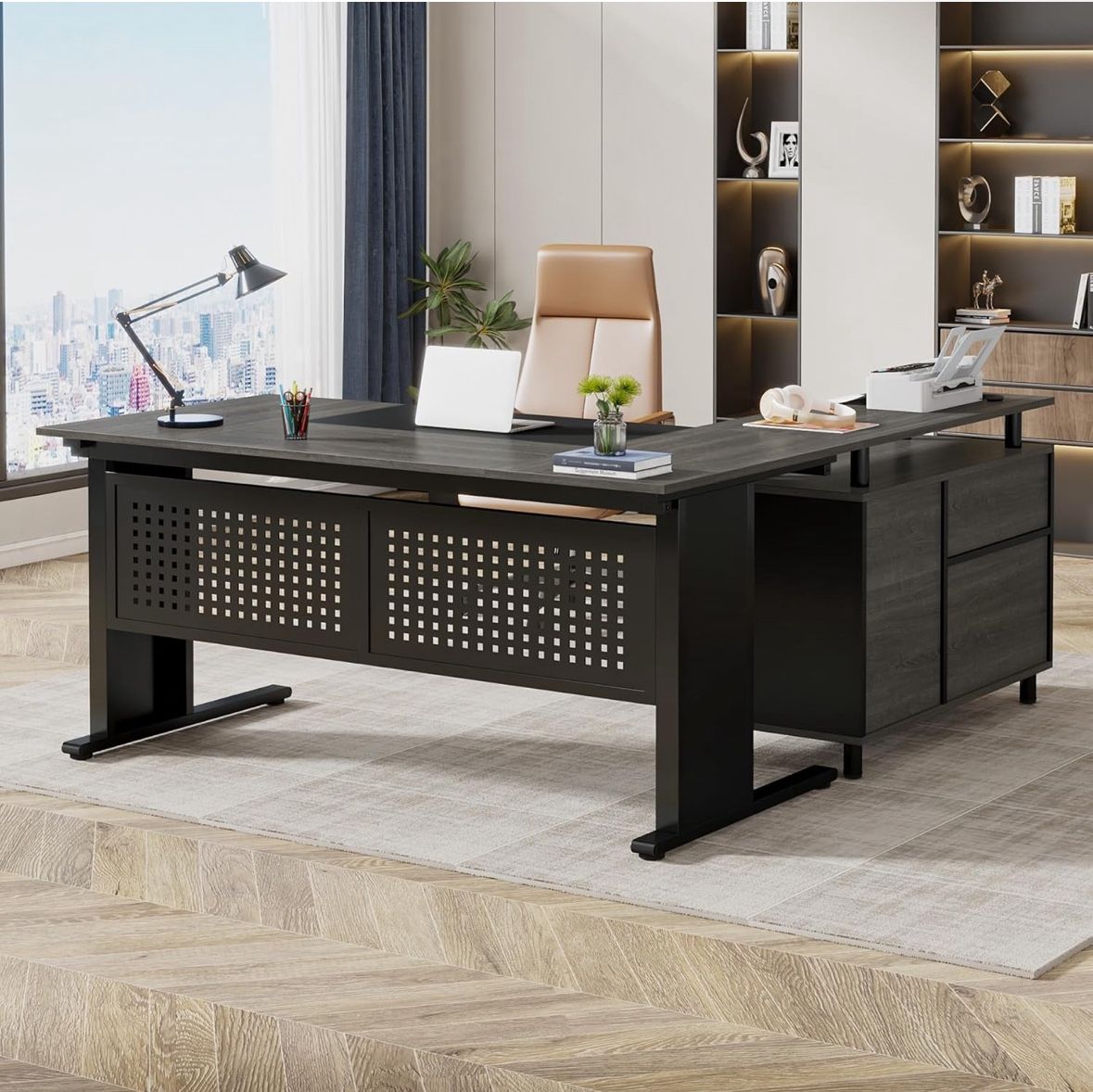 Tribesigns 63 Inch Executive Desk with File Cabinet, Large Office Desk L Shaped Computer Desk with Drawers and Storage Shelves, Business Furniture Des