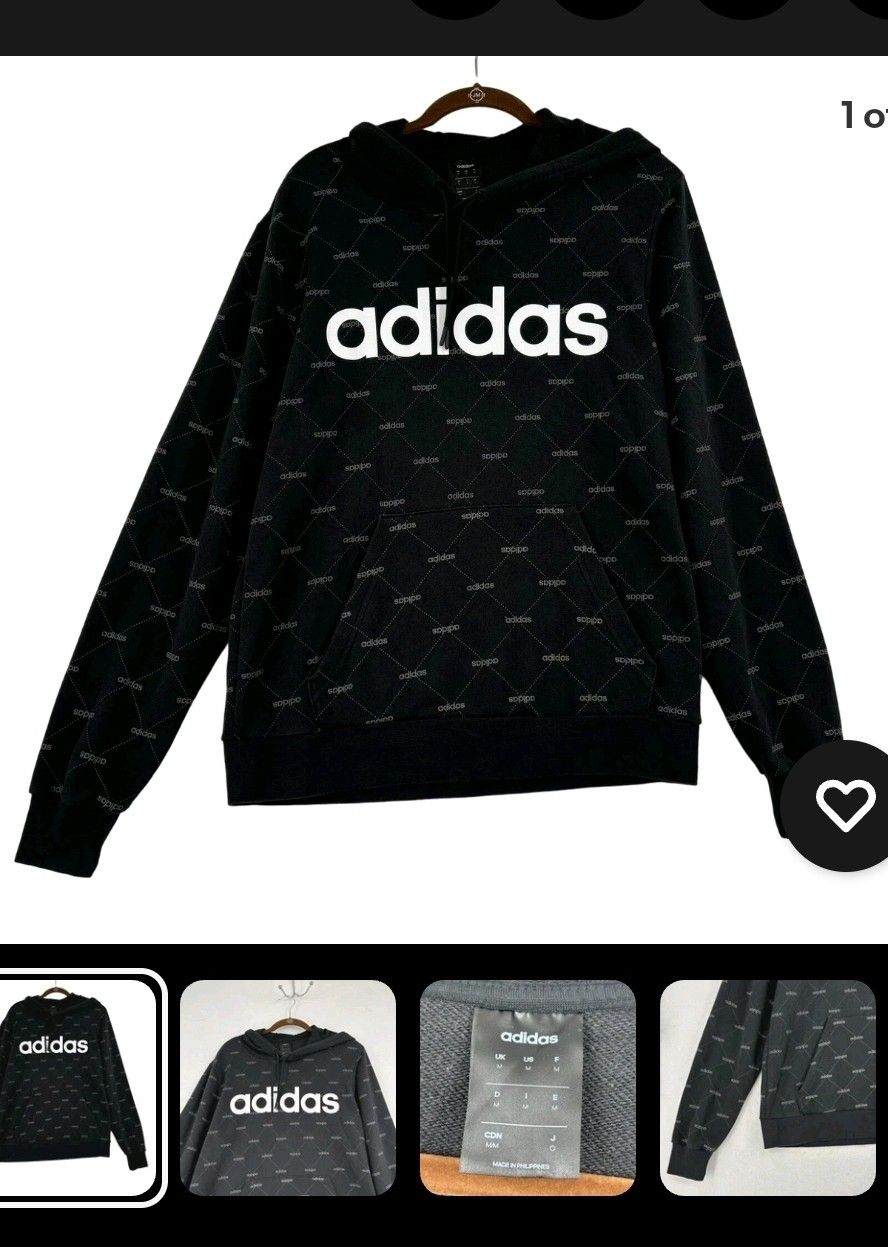 Adidas Hooded Sweatshirt Men's M Black White Allover Spellout Print Hoodie Perfect Condition Just Like New Unisex