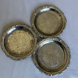 Vintage 3 Silver Plated Epon Steel 4" Coasters Decorative Rims Made in Italy