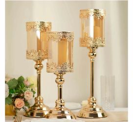 Set of 3 Antique Gold Lace Votive Candle Stands with Hurricane Glass Shades 13", 15", 17"