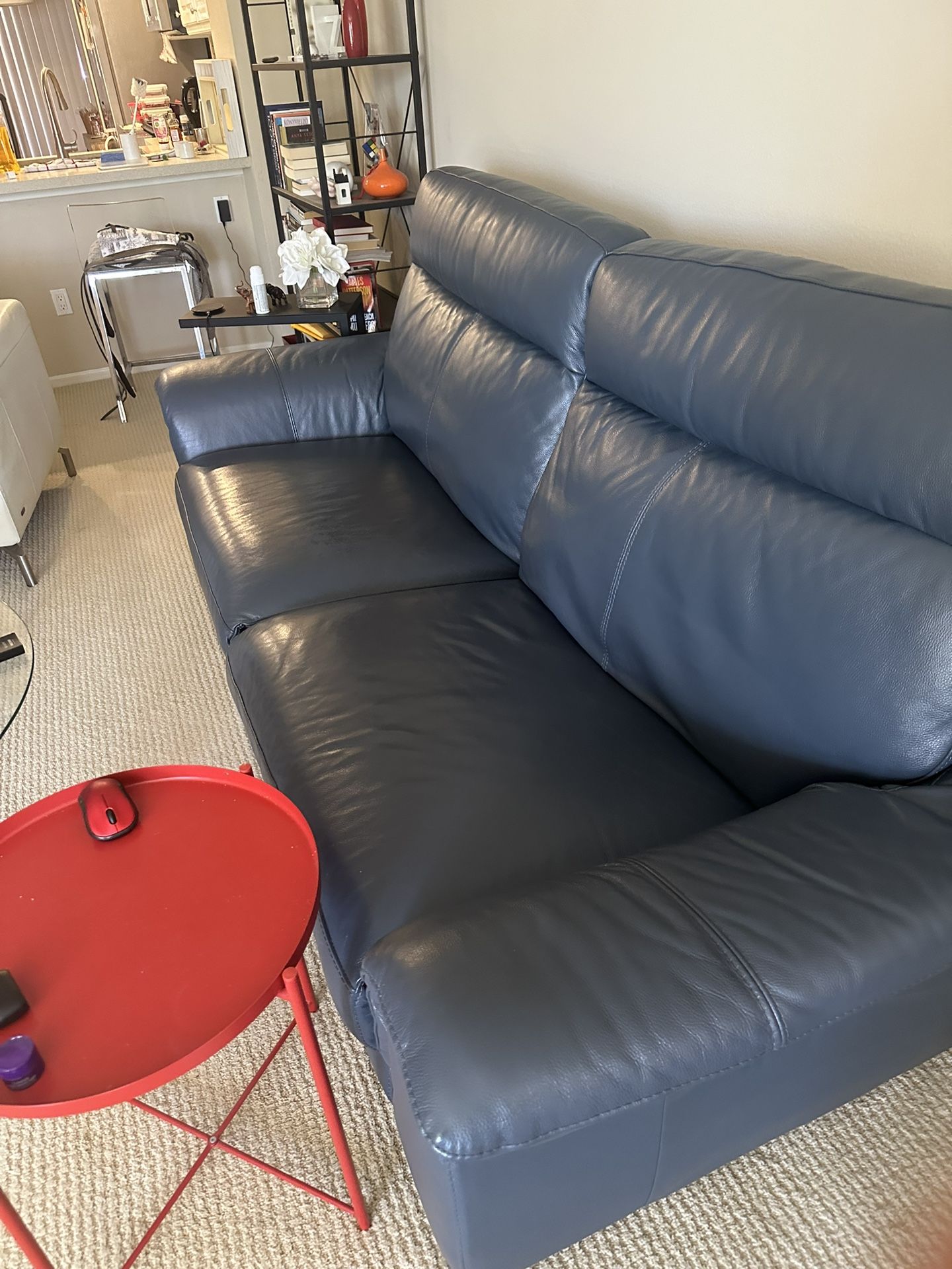 Living Spaces Moana Blue Leather 87" Power Dual Reclining Sofa with USB