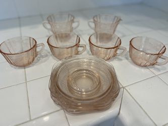 Set Of Depression Glass Tea Cups + Plates