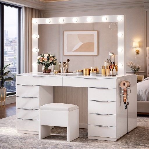 Vanity with 10 Drawers, Vanity Desk Set with Large LED Mirror, Built-in Charging Station & Cushioned Storage Chair, Dressing Table with 3-Color Light 