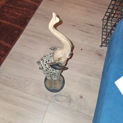 1990 Elongated Trunk  Silver Tone Wooden With Metal Over Lay Elephant Figurine