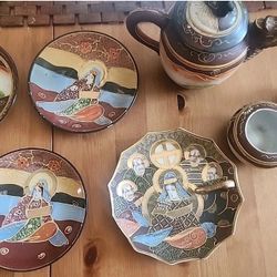 Vtg. 8-pc Retro Japanese Porcelain Ceramic Satsuma Moriage Dragon Ware Tea Set 
