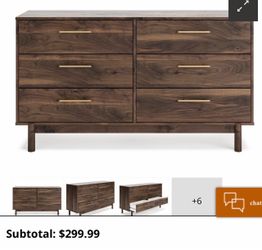 6-Drawer Walnut Wood Dresser with Gold Handles