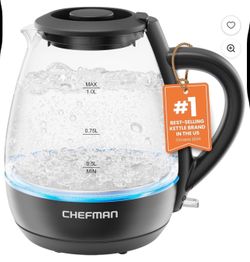 Chefman 1L Tetera Eléctrica de Vidrio Kettle con Luz Indicadora LED, Apagado Automático - Negro