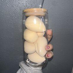 Glass Cup With Beauty Blenders
