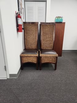SALE!! Seagrass, Leather, Wood Dining Chairs Set Of 4