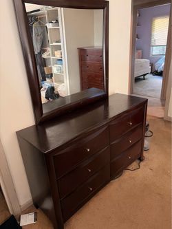 Dark Wood 6-Drawer Dresser w/ Large Mirror – Great Condition