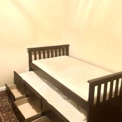 Solid Wood Twin Size Platform Bed with Trundle, Wooden Bed Frame Twin Trundle Bed