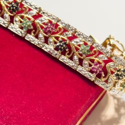 VTG DESIGNER SILVER 18K GOLD OVERLAY RUBY EMERALD SAPPHIRE TENNIS BRACELET - 8”