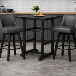 Assembled. Modern 3-Piece Pub Table Set with 2 Swivel Bar Stools – Black/Grey