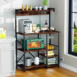 New Bakers Rack for Kitchen with Power Outlet, Coffee Cart and Microwave Stand with Shelves Vintage Brown  New in box BRL-M72R  The Kitchen Bakers Rac