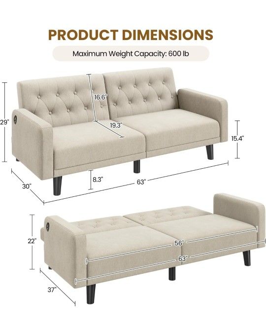 New !63" Convertible Couch Small Futon Sofa Bed with 2 USB Ports, Reclining Backrest & Removable Armrests, Mid Century Modern Loveseat 