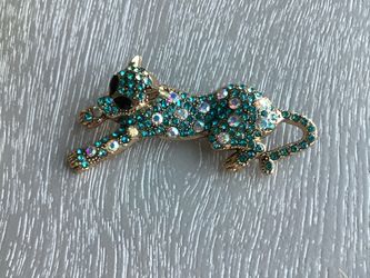 Vintage Inspired Golden Brooch W/ Shiny Clear & Inlaid Turquoise Rhinestones