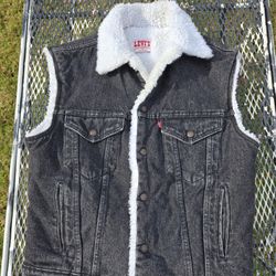 Rare Vintage Made In USA Levi’s Sherpa Lined Denim Trucker Vest M Black Acid Wash Jean