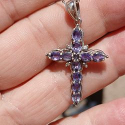 Tanzanite 2ct Cross Pendant, Rhodium Over Sterling Silver.  Twenty Inch Chain.I 1