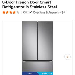 Samsung RF18A510, 33 in. 17.5 cu. ft. Counter Depth 3-Door French Door Smart Refrigerator in Stainless Steel