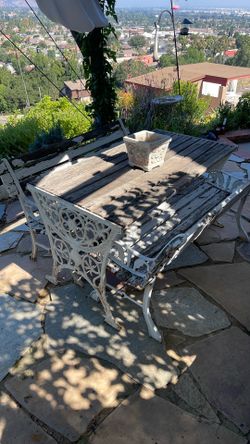 Vintage wrought iron and Wood table and two benches