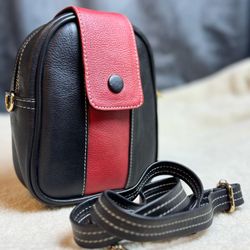 Black And Red Genuine Leather Mini Crossbody Bag Gold Zipper Adjustable Strap