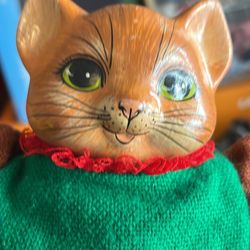 Vintage 80s Handmade Babushka Cat Kitty in Dress 12"L Sack Plush Doll