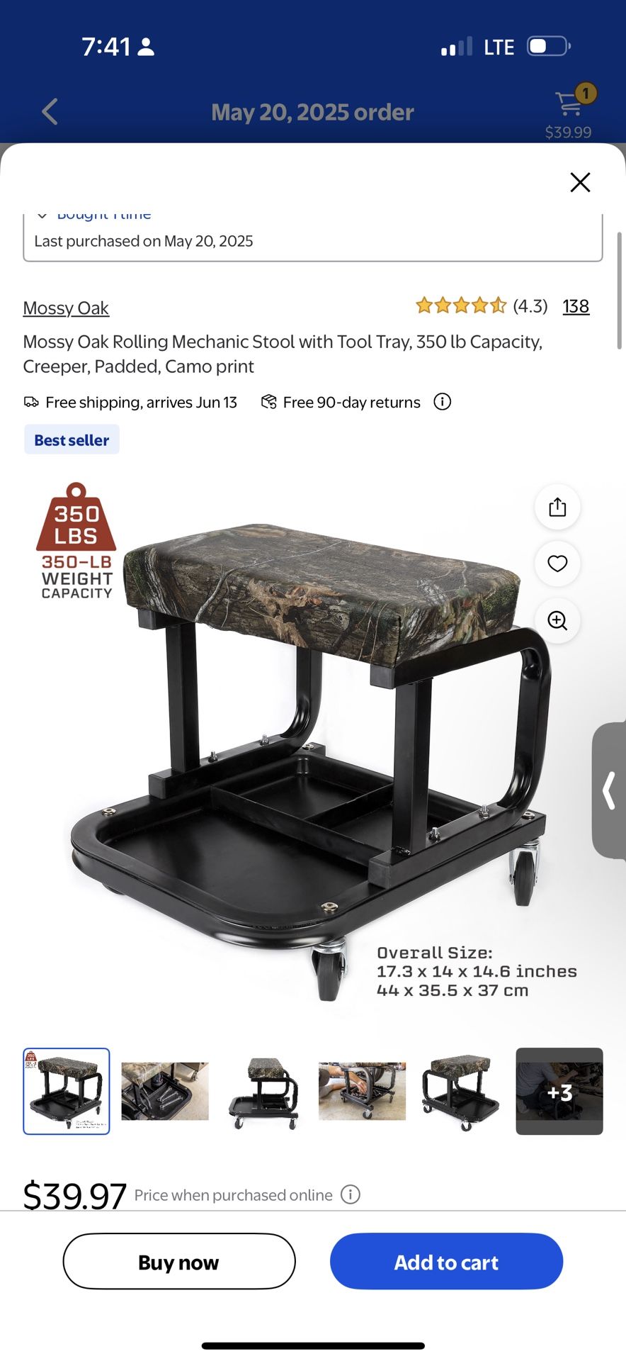 Mossy Oak Rolling Mechanic Stool with Tool Tray, 350 lb Capacity, Creeper, Padded, Camo print