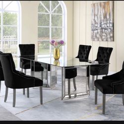 Rectangle Glass Top Dining Set With Velvet Chairs