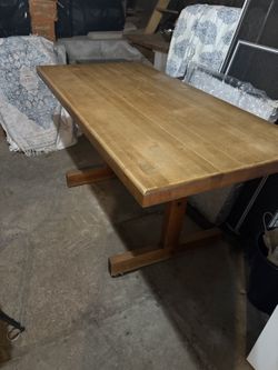 Vintage Solid Maple Butcher Block Dining Table + 2 Benches — Trestle Farmhouse Set